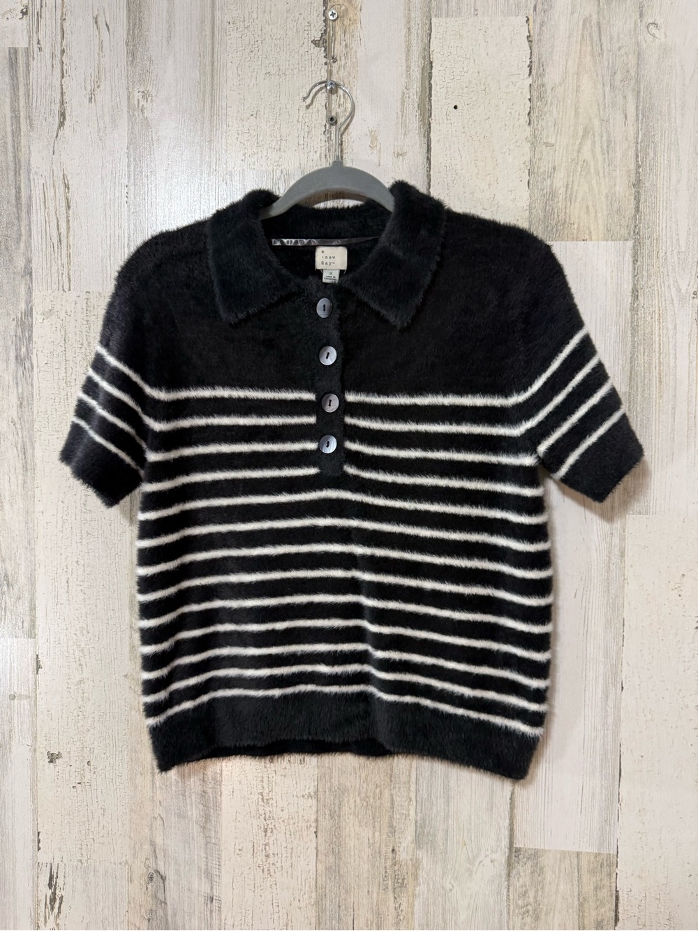 a new day Black and White Striped Fuzzy Button-Down Polo